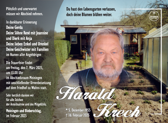 Traueranzeige von Harald Krech von Südthüringer Presse