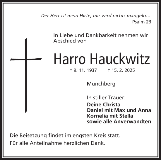 Traueranzeige von Harro Hauckwitz von Frankenpost