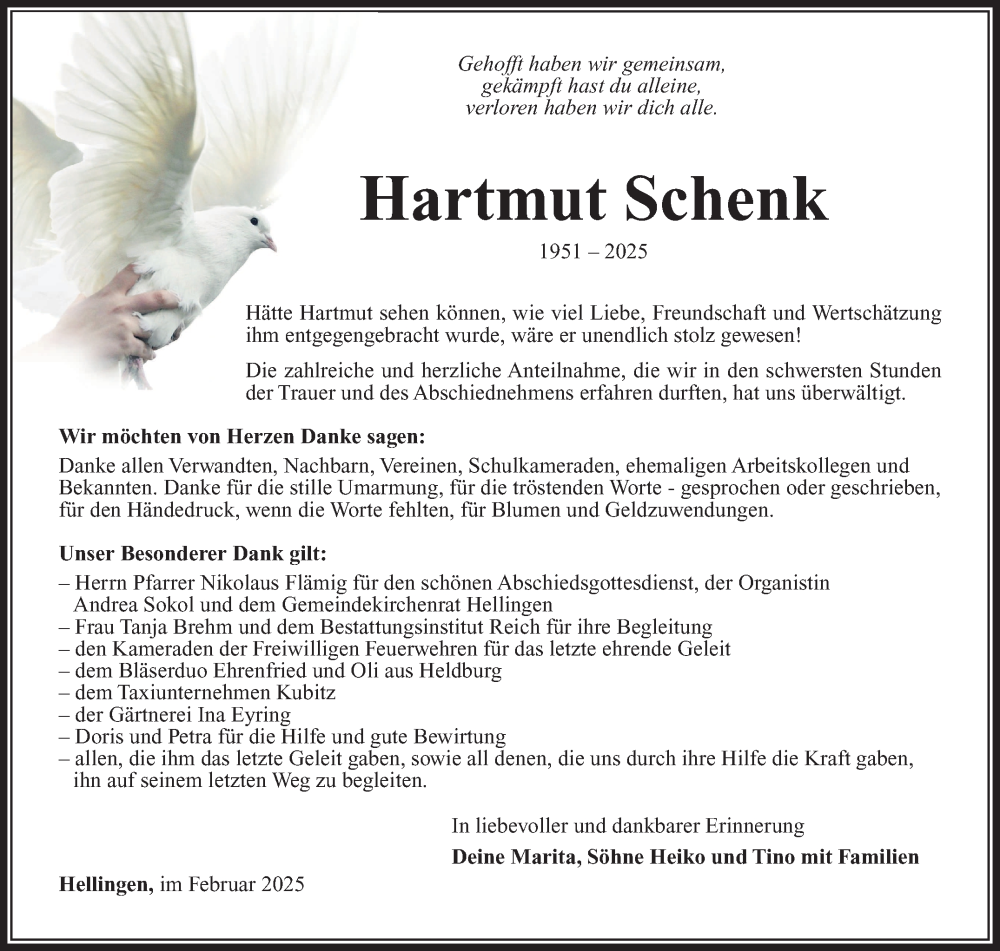  Traueranzeige für Hartmut Schenk vom 08.02.2025 aus Südthüringer Presse