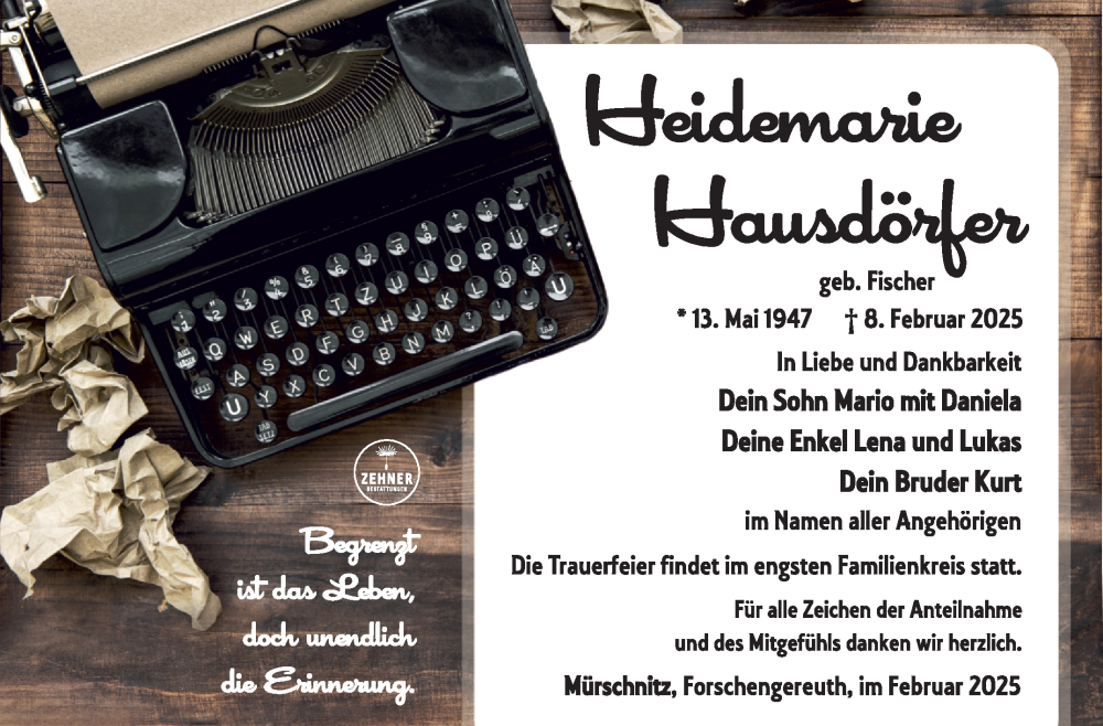  Traueranzeige für Heidemarie Hausdörfer vom 15.02.2025 aus Südthüringer Presse