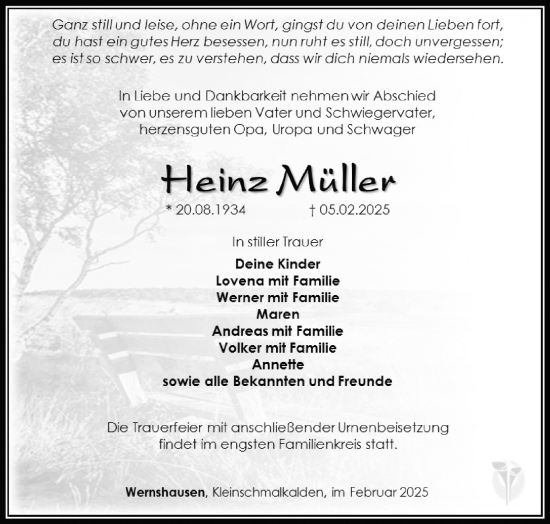 Traueranzeige von Heinz Müller von Südthüringer Presse