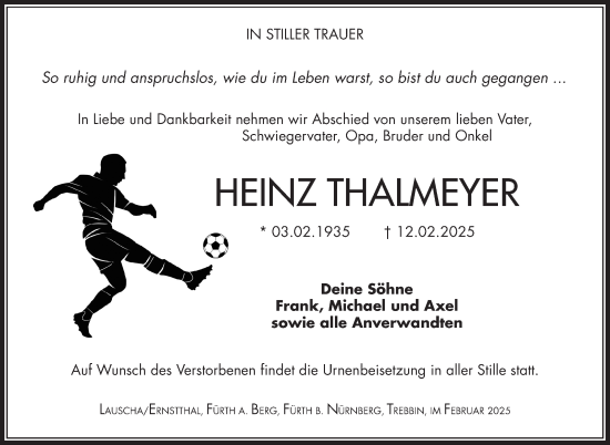 Traueranzeige von Heinz Thalmeyer von Südthüringer Presse