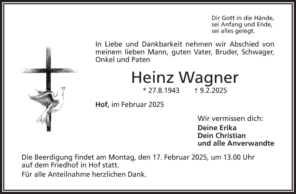  Traueranzeige für Heinz Wagner vom 15.02.2025 aus Frankenpost