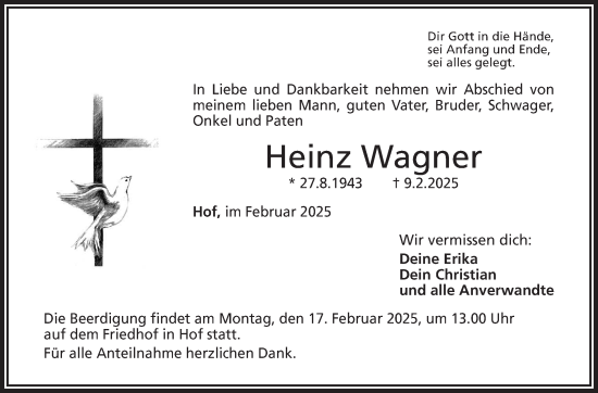Traueranzeige von Heinz Wagner von Frankenpost
