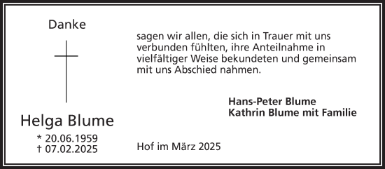 Traueranzeige von Helga Blume von Frankenpost