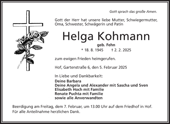 Traueranzeige von Helga Kohmann von Frankenpost
