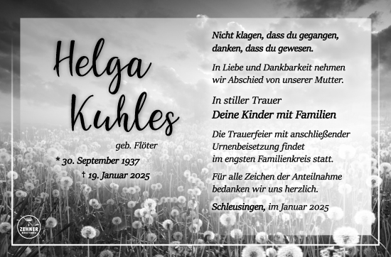 Traueranzeige von Helga Kuhles von Südthüringer Presse