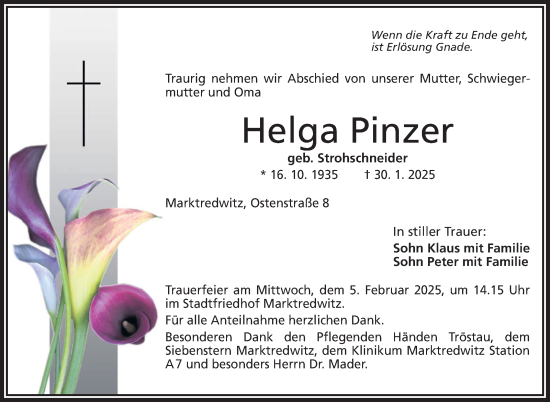 Traueranzeige von Helga Pinzer von Frankenpost
