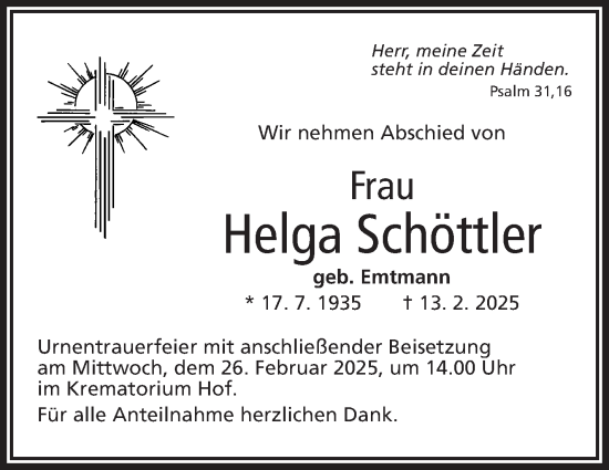 Traueranzeige von Helga Schöttler von Frankenpost