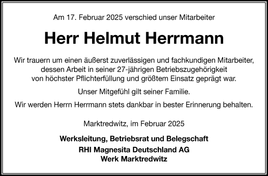 Traueranzeige von Helmut Herrmann von Frankenpost