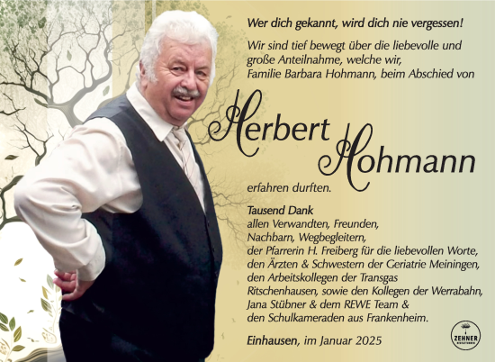 Traueranzeige von Herbert Hohmann von Südthüringer Presse