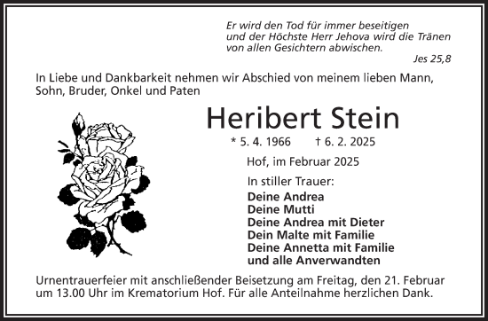 Traueranzeige von Heribert Stein von Frankenpost