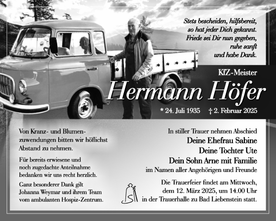 Traueranzeige von Hermann Höfer von Südthüringer Presse