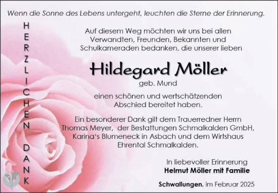 Traueranzeige von Hildegard Möller von Südthüringer Presse