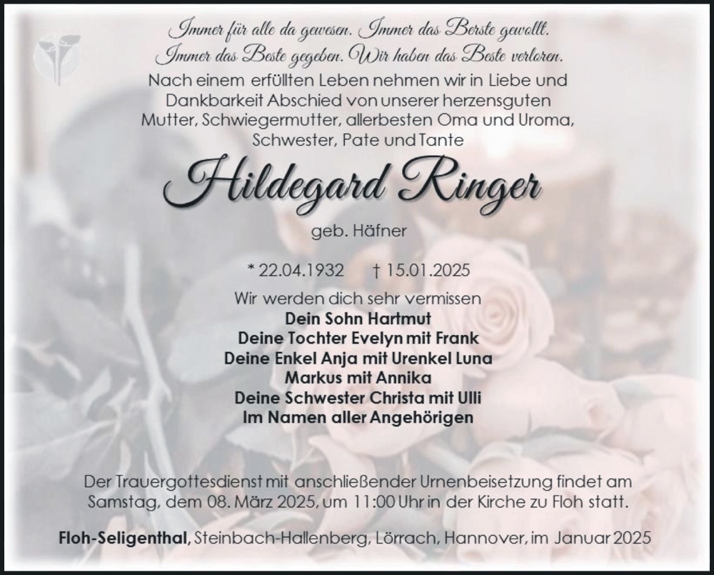  Traueranzeige für Hildegard Ringer vom 01.03.2025 aus Südthüringer Presse