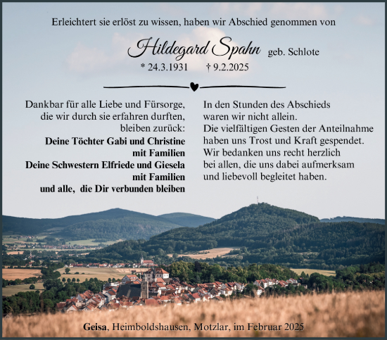 Traueranzeige von Hildegard Spahn von Südthüringer Presse