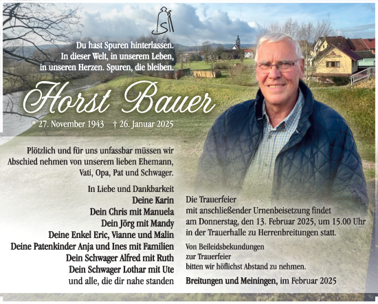 Traueranzeige von Horst Bauer von Südthüringer Presse