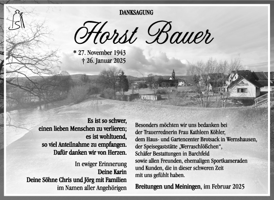 Traueranzeige von Horst Bauer von Südthüringer Presse