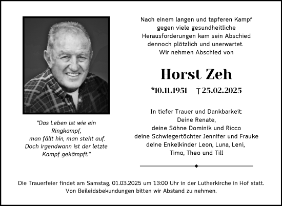 Traueranzeige von Horst Zeh von Frankenpost
