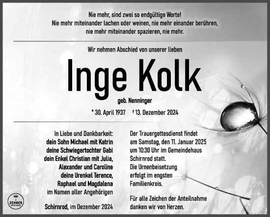 Traueranzeige von Inge Kolk von Südthüringer Presse