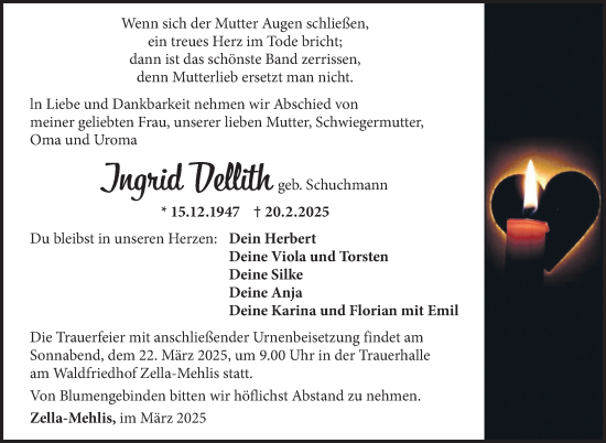 Traueranzeige von Ingrid Dellith von Südthüringer Presse