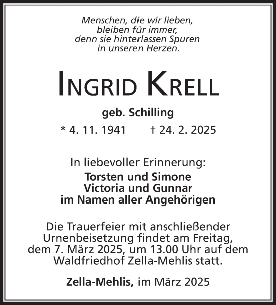 Traueranzeige von Ingrid Krell von Südthüringer Presse