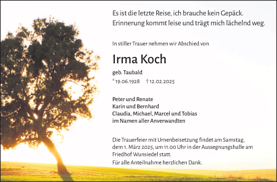 Traueranzeige von Irma Koch von Frankenpost