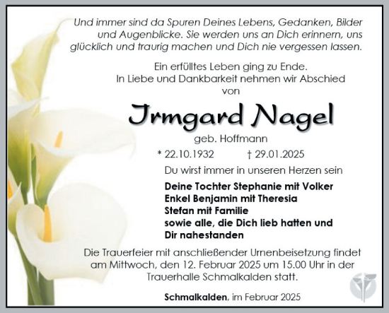 Traueranzeige von Irmgard Nagel von Südthüringer Presse