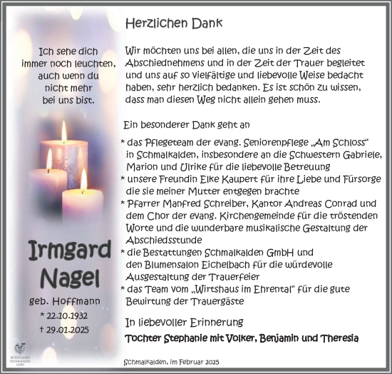Traueranzeige von Irmgard Nagel von Südthüringer Presse