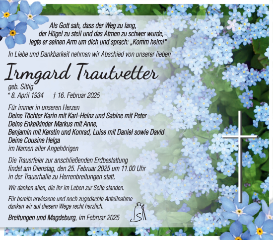 Traueranzeige von Irmgard Trautvettter von Südthüringer Presse