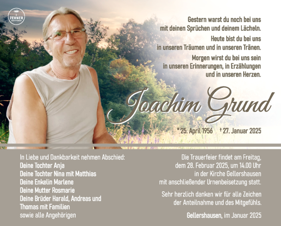 Traueranzeige von Joachim Grund von Südthüringer Presse
