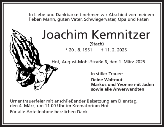 Traueranzeige von Joachim Kemnitzer von Frankenpost