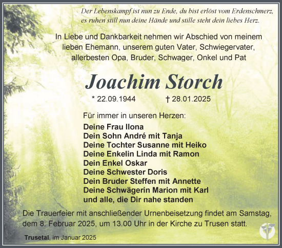 Traueranzeige von Joachim Storch von Südthüringer Presse