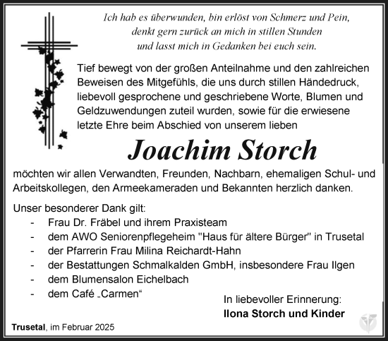 Traueranzeige von Joachim Storch von Südthüringer Presse