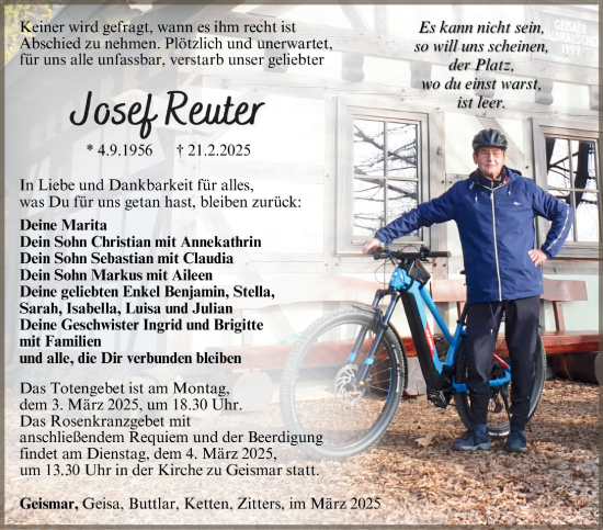 Traueranzeige von Josef Reuter von Südthüringer Presse