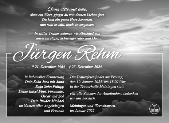 Traueranzeige von Jürgen Rehm von Südthüringer Presse