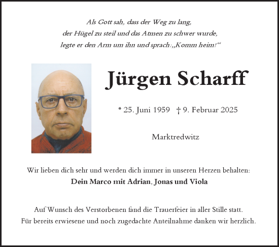 Traueranzeige von Jürgen Scharff von Frankenpost
