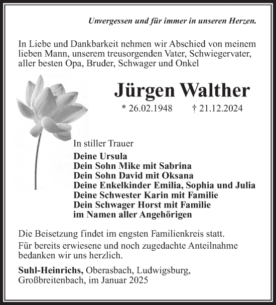 Traueranzeige von Jürgen Walther von Südthüringer Presse