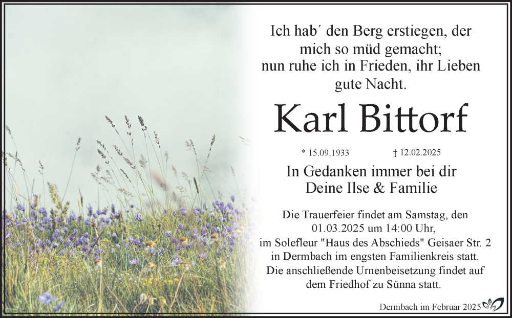  Traueranzeige für Karl Bittorf vom 22.02.2025 aus Südthüringer Presse