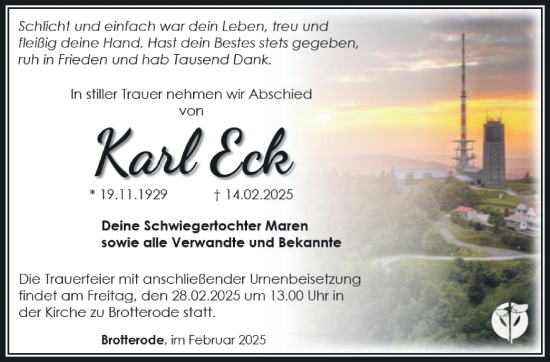 Traueranzeige von Karl Eck von Südthüringer Presse