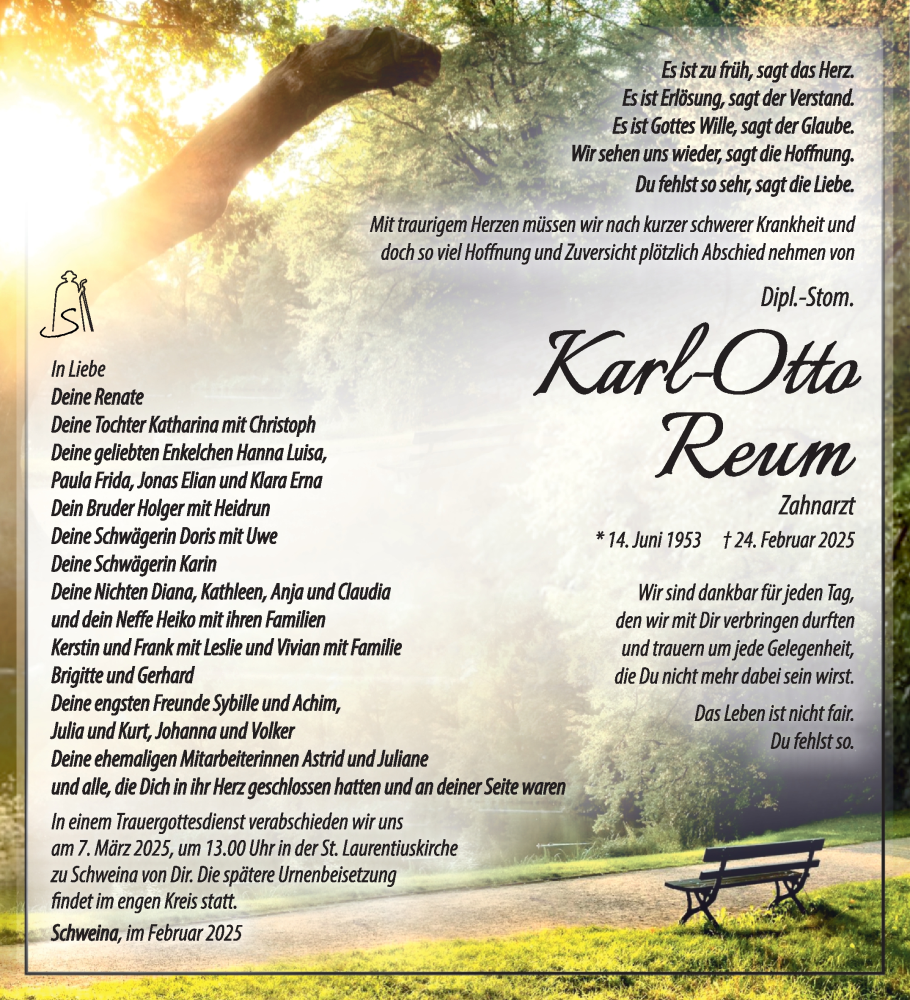  Traueranzeige für Karl-Otto Reum vom 01.03.2025 aus Südthüringer Presse