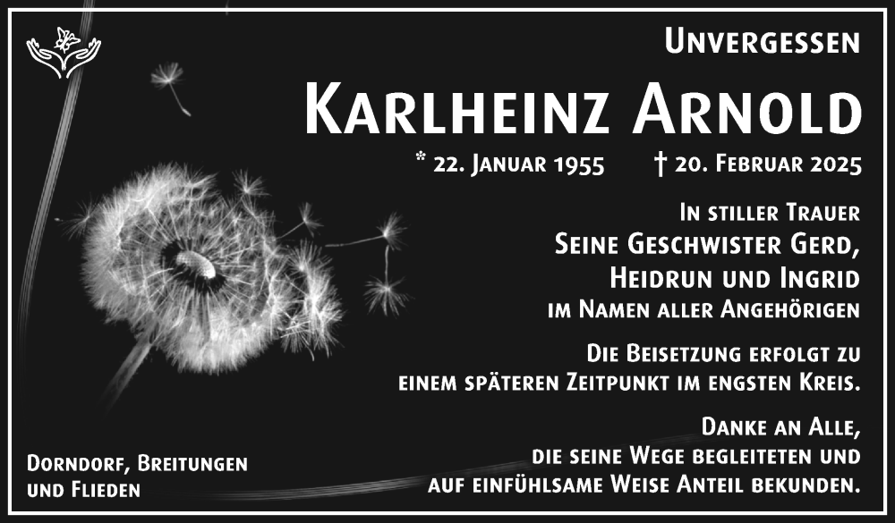  Traueranzeige für Karlheinz Arnold vom 01.03.2025 aus Südthüringer Presse