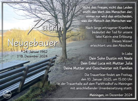 Traueranzeige von Katrin Neugebauer von Südthüringer Presse