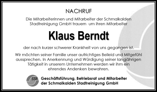 Traueranzeige von Klaus Berndt von Südthüringer Presse