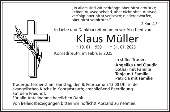 Traueranzeige von Klaus Müller von Frankenpost
