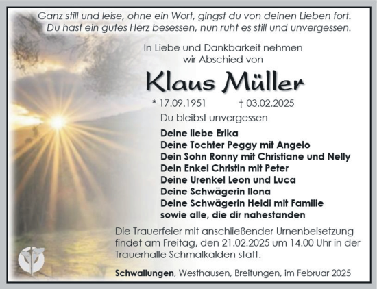 Traueranzeige von Klaus Müller von Südthüringer Presse