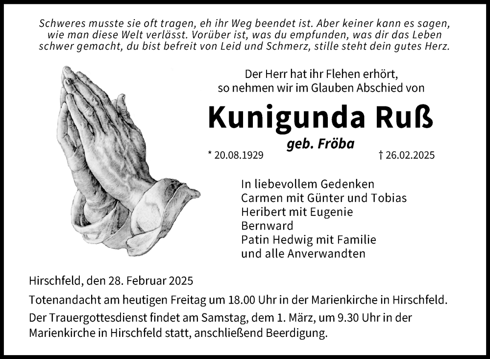  Traueranzeige für Kunigunda Ruß vom 28.02.2025 aus Neue Presse Coburg