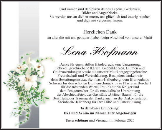 Traueranzeige von Lena Hofmann von Südthüringer Presse