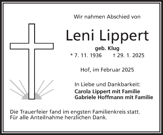Traueranzeige von Leni Lippert von Frankenpost