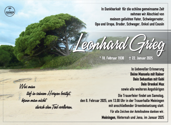 Traueranzeige von Leonhard Grieg von Südthüringer Presse